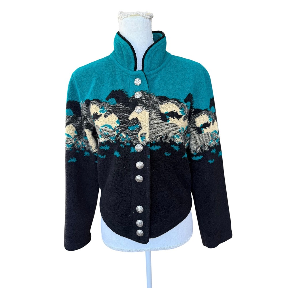County Clothing Co Cheyenne Collection Horse Fleece Jacket‎ Teal Black Small